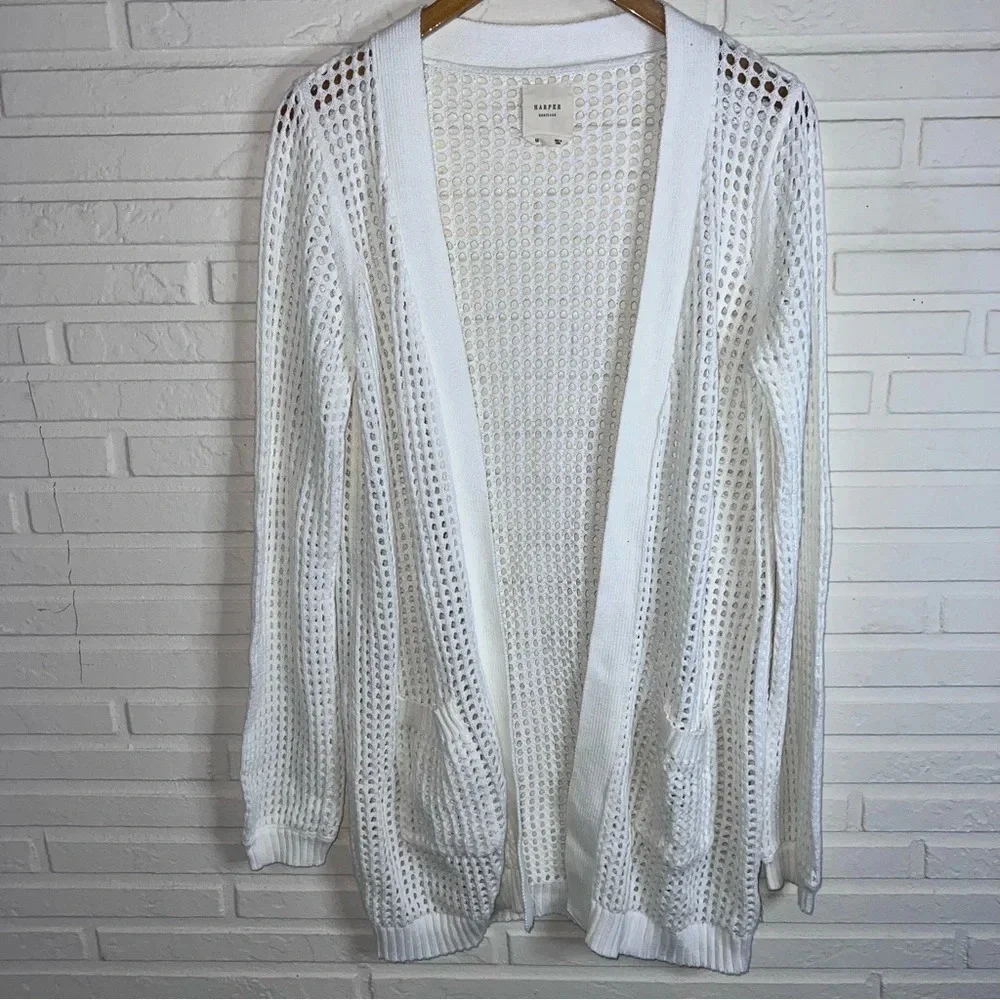 Harper Heritage White Long Sleeve Open Knit Cardigan, Women’s Size Medium